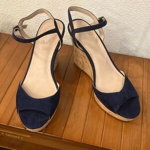 Charles by Charles David Navy Ankle Faux Suede Cork Wedge Sandals Lambert Sz 10